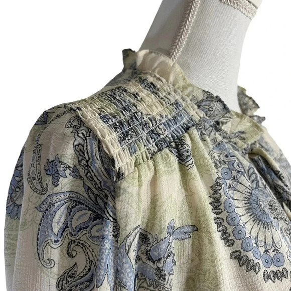 By The River Blouse Large Sheer Floral Seersucker Ruffle Keyhole Blue Womens Top - Picture 7 of 9